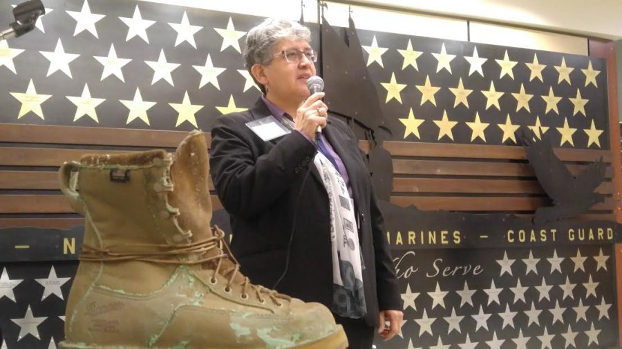 EdCC President Dr. Jean Hernandez spoke at the unveiling of the Wall of Donors, located outside the Veterans Resource Center on the second floor of Lynnwood Hall.