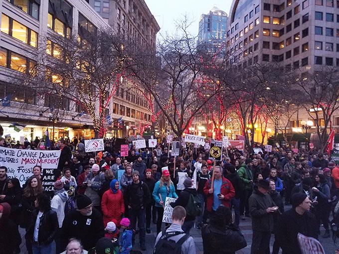By evening, the crowd had doubled in size on the night of the inauguration protest. 