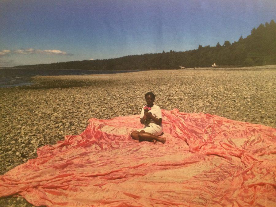 “Lexical Tutor” depicts a friend of Ingram on the beach at Carkeek Park, in a series of four different photographs printed on fabric and shot from a variety of perspectives. The pink cloth is a World War II parachute.