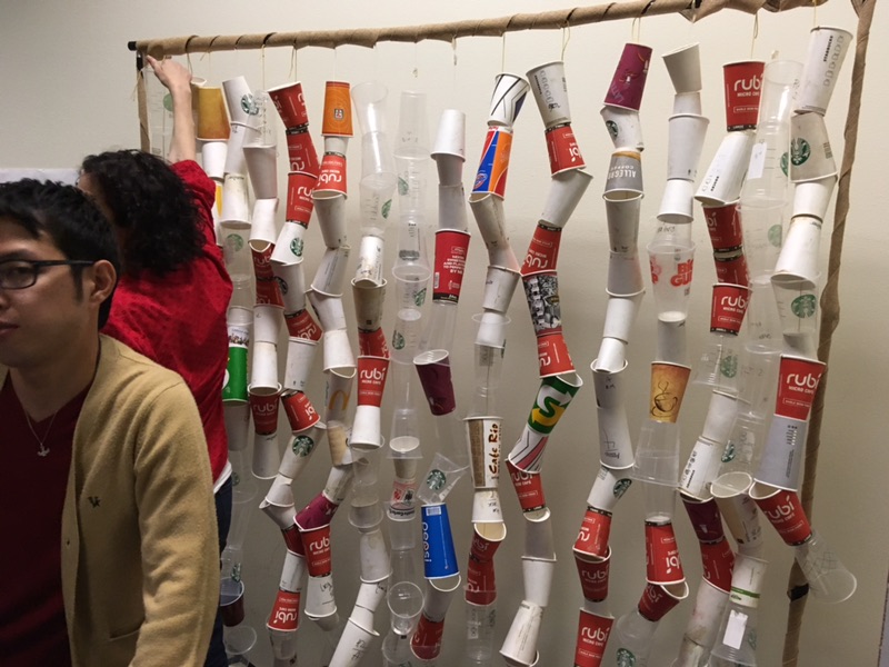 The VWCS, or Visual Waste Cup Sculpture, designed by the Project Management class to illustrate the amount of waste from campus. 