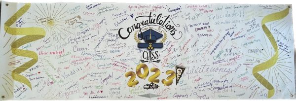 After collecting well wishes for 3 days on Edmonds Campus, Adelaide Jaques plans to make the banner bigger and better for future graduations at Monroe. Jaques explained how the graduates at Monroe loved the banner and were eager to receive a miniature copy for themselves.